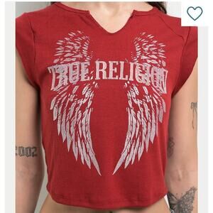 True Religion Crystal Logo Winged Notch Rib Crop T-Shirt sz L
